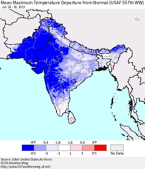 Southern Asia Mean Maximum Temperature Departure from Normal (USAF 557th WW) Thematic Map For 7/24/2023 - 7/30/2023