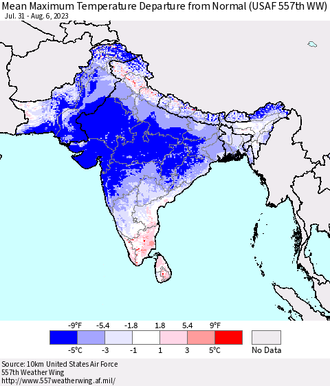 Southern Asia Mean Maximum Temperature Departure from Normal (USAF 557th WW) Thematic Map For 7/31/2023 - 8/6/2023