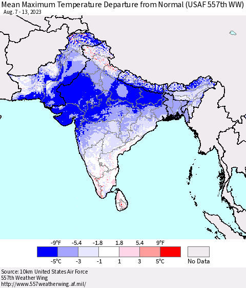 Southern Asia Mean Maximum Temperature Departure from Normal (USAF 557th WW) Thematic Map For 8/7/2023 - 8/13/2023