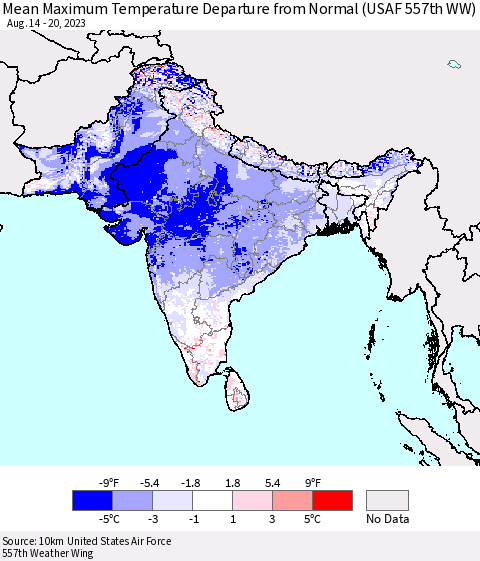 Southern Asia Mean Maximum Temperature Departure from Normal (USAF 557th WW) Thematic Map For 8/14/2023 - 8/20/2023