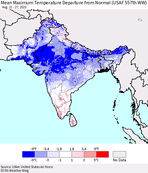 Southern Asia Mean Maximum Temperature Departure from Normal (USAF 557th WW) Thematic Map For 8/21/2023 - 8/27/2023