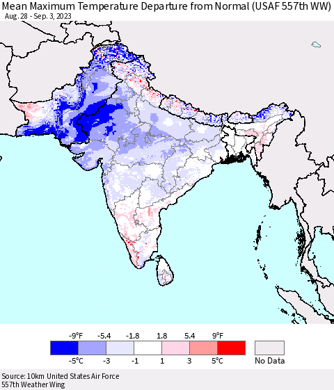 Southern Asia Mean Maximum Temperature Departure from Normal (USAF 557th WW) Thematic Map For 8/28/2023 - 9/3/2023