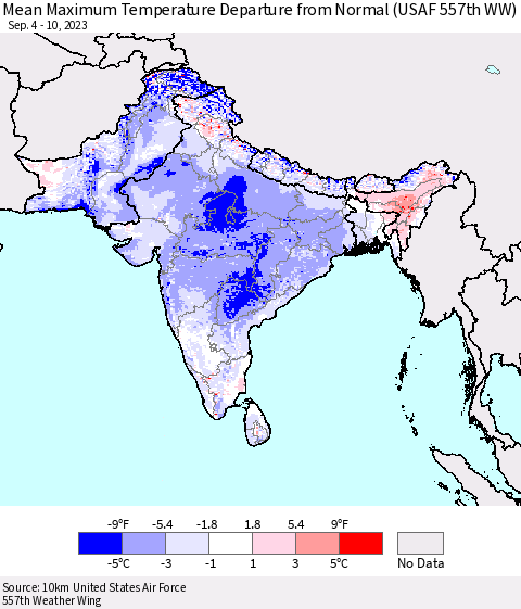 Southern Asia Mean Maximum Temperature Departure from Normal (USAF 557th WW) Thematic Map For 9/4/2023 - 9/10/2023