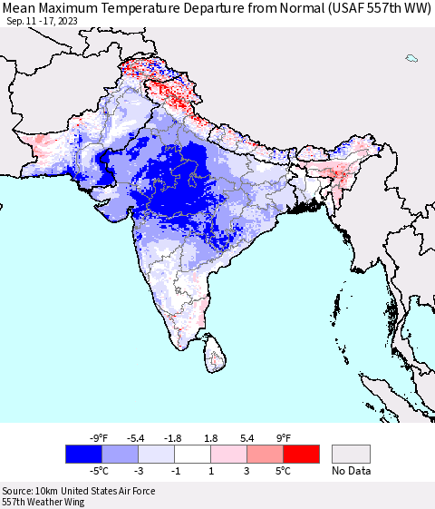 Southern Asia Mean Maximum Temperature Departure from Normal (USAF 557th WW) Thematic Map For 9/11/2023 - 9/17/2023