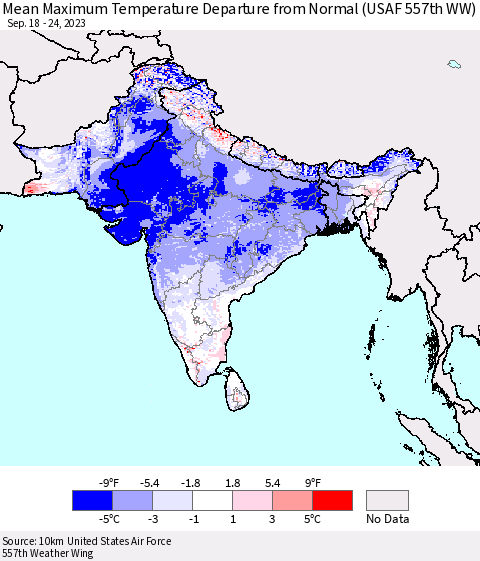 Southern Asia Mean Maximum Temperature Departure from Normal (USAF 557th WW) Thematic Map For 9/18/2023 - 9/24/2023