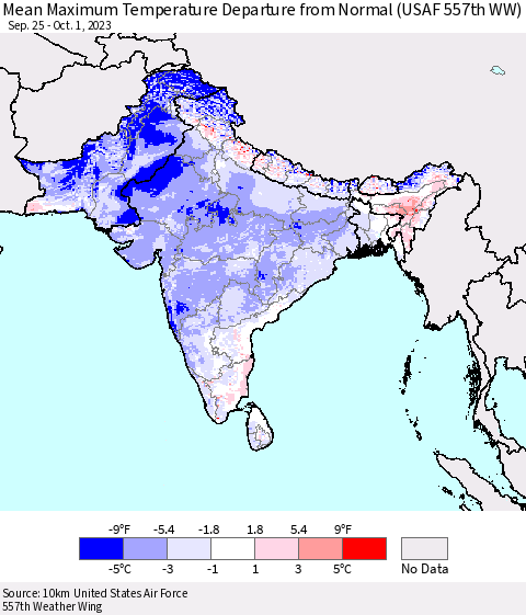Southern Asia Mean Maximum Temperature Departure from Normal (USAF 557th WW) Thematic Map For 9/25/2023 - 10/1/2023