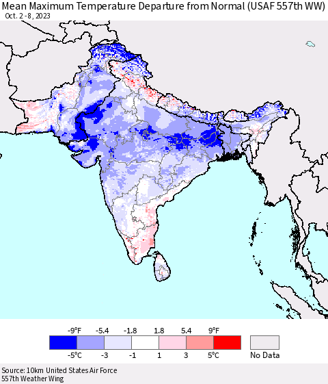 Southern Asia Mean Maximum Temperature Departure from Normal (USAF 557th WW) Thematic Map For 10/2/2023 - 10/8/2023