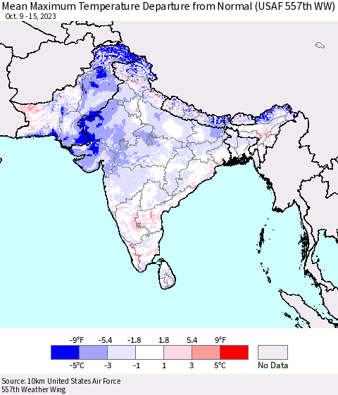 Southern Asia Mean Maximum Temperature Departure from Normal (USAF 557th WW) Thematic Map For 10/9/2023 - 10/15/2023