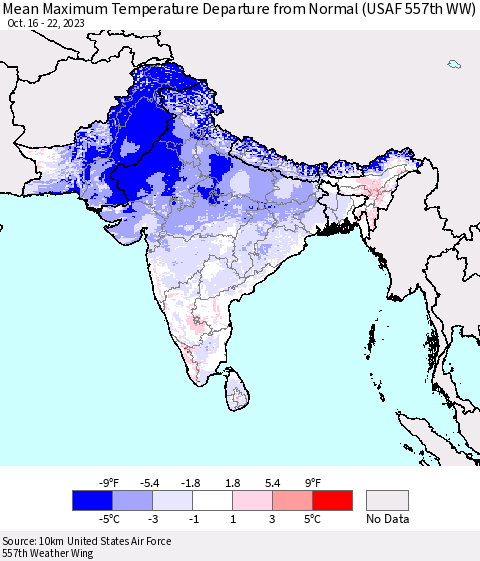 Southern Asia Mean Maximum Temperature Departure from Normal (USAF 557th WW) Thematic Map For 10/16/2023 - 10/22/2023