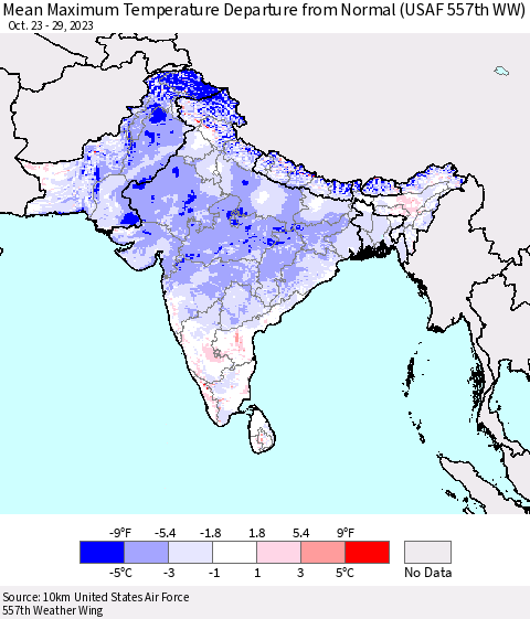 Southern Asia Mean Maximum Temperature Departure from Normal (USAF 557th WW) Thematic Map For 10/23/2023 - 10/29/2023