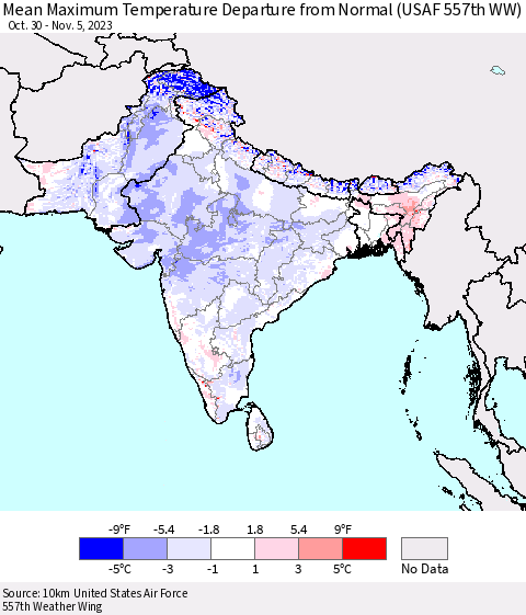 Southern Asia Mean Maximum Temperature Departure from Normal (USAF 557th WW) Thematic Map For 10/30/2023 - 11/5/2023