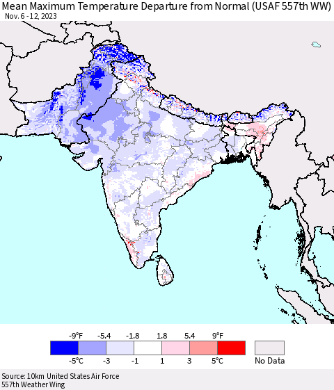 Southern Asia Mean Maximum Temperature Departure from Normal (USAF 557th WW) Thematic Map For 11/6/2023 - 11/12/2023