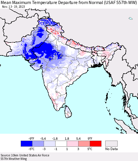 Southern Asia Mean Maximum Temperature Departure from Normal (USAF 557th WW) Thematic Map For 11/13/2023 - 11/19/2023