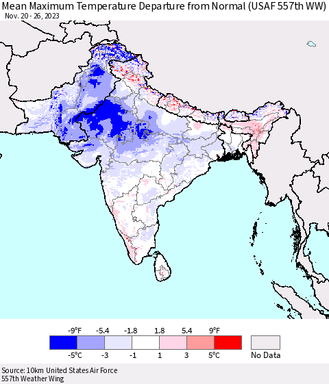 Southern Asia Mean Maximum Temperature Departure from Normal (USAF 557th WW) Thematic Map For 11/20/2023 - 11/26/2023