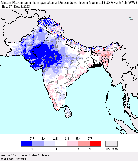 Southern Asia Mean Maximum Temperature Departure from Normal (USAF 557th WW) Thematic Map For 11/27/2023 - 12/3/2023