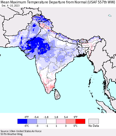 Southern Asia Mean Maximum Temperature Departure from Normal (USAF 557th WW) Thematic Map For 12/4/2023 - 12/10/2023