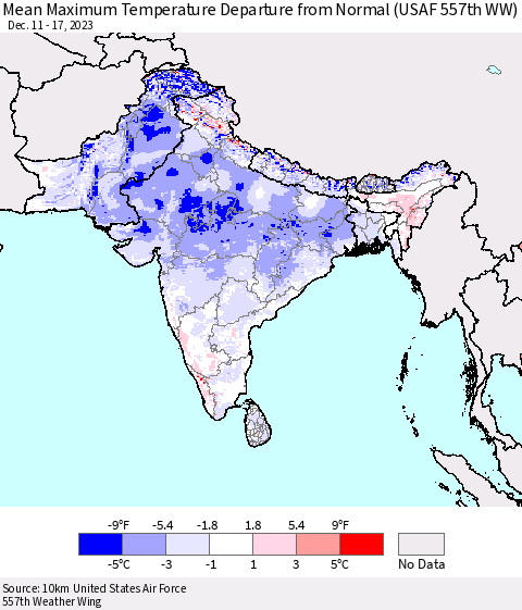 Southern Asia Mean Maximum Temperature Departure from Normal (USAF 557th WW) Thematic Map For 12/11/2023 - 12/17/2023