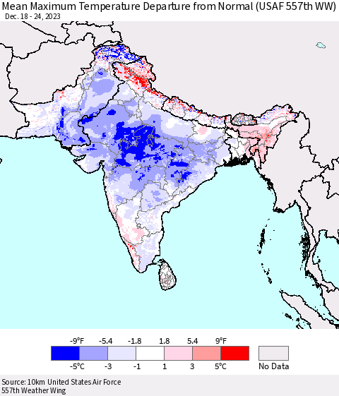 Southern Asia Mean Maximum Temperature Departure from Normal (USAF 557th WW) Thematic Map For 12/18/2023 - 12/24/2023
