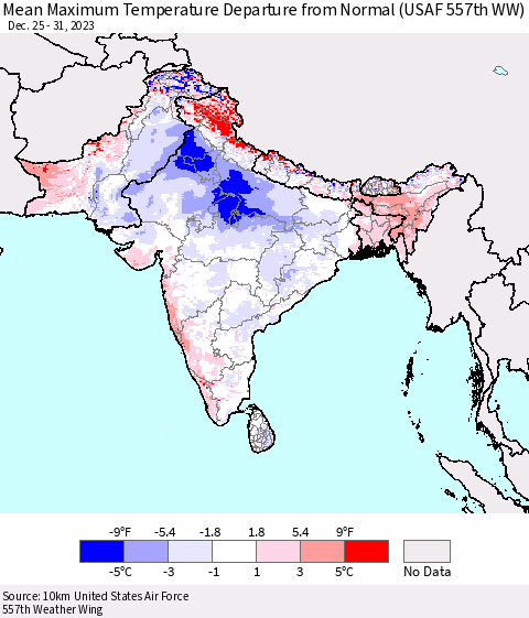 Southern Asia Mean Maximum Temperature Departure from Normal (USAF 557th WW) Thematic Map For 12/25/2023 - 12/31/2023