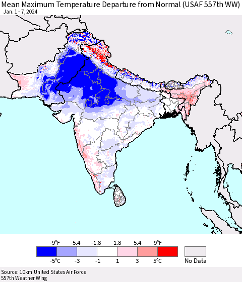 Southern Asia Mean Maximum Temperature Departure from Normal (USAF 557th WW) Thematic Map For 1/1/2024 - 1/7/2024