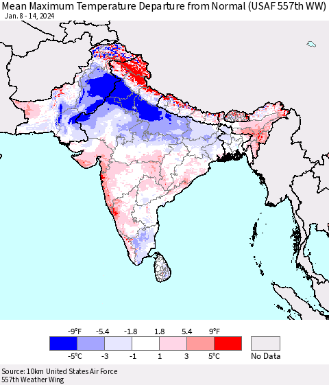 Southern Asia Mean Maximum Temperature Departure from Normal (USAF 557th WW) Thematic Map For 1/8/2024 - 1/14/2024