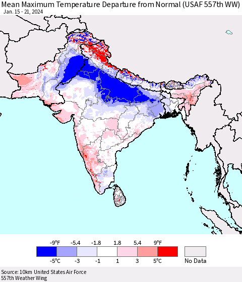 Southern Asia Mean Maximum Temperature Departure from Normal (USAF 557th WW) Thematic Map For 1/15/2024 - 1/21/2024