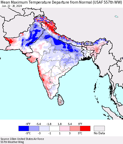 Southern Asia Mean Maximum Temperature Departure from Normal (USAF 557th WW) Thematic Map For 1/22/2024 - 1/28/2024
