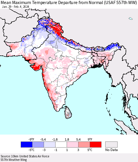 Southern Asia Mean Maximum Temperature Departure from Normal (USAF 557th WW) Thematic Map For 1/29/2024 - 2/4/2024