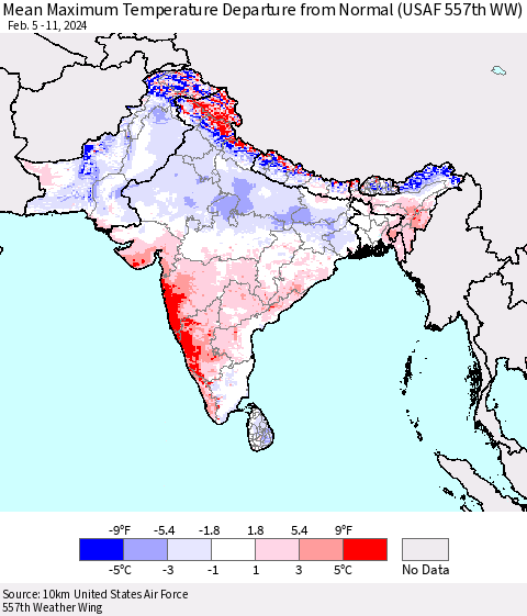 Southern Asia Mean Maximum Temperature Departure from Normal (USAF 557th WW) Thematic Map For 2/5/2024 - 2/11/2024