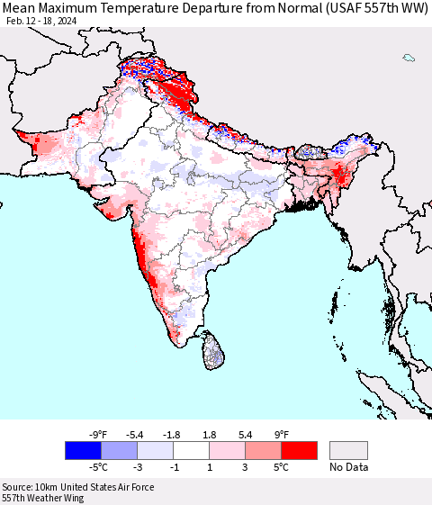Southern Asia Mean Maximum Temperature Departure from Normal (USAF 557th WW) Thematic Map For 2/12/2024 - 2/18/2024