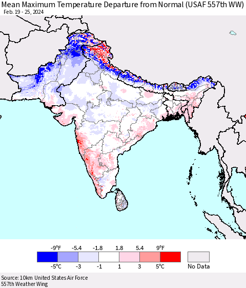 Southern Asia Mean Maximum Temperature Departure from Normal (USAF 557th WW) Thematic Map For 2/19/2024 - 2/25/2024