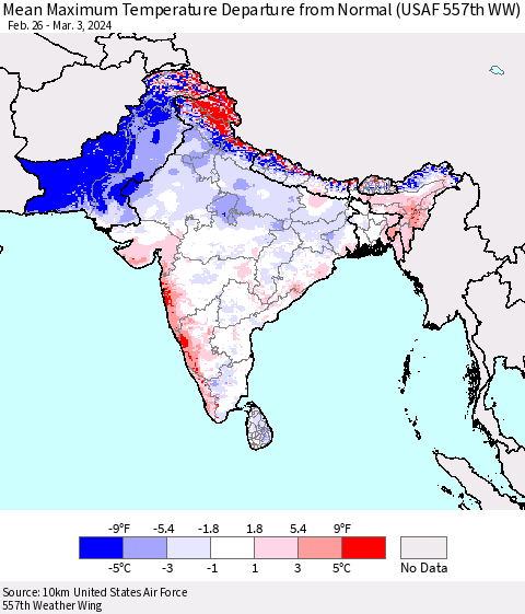 Southern Asia Mean Maximum Temperature Departure from Normal (USAF 557th WW) Thematic Map For 2/26/2024 - 3/3/2024