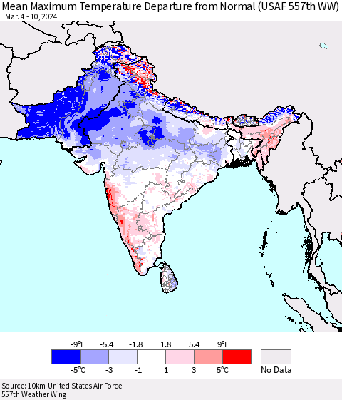 Southern Asia Mean Maximum Temperature Departure from Normal (USAF 557th WW) Thematic Map For 3/4/2024 - 3/10/2024