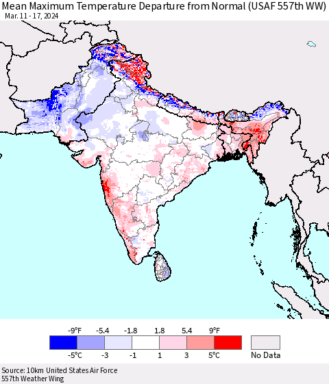 Southern Asia Mean Maximum Temperature Departure from Normal (USAF 557th WW) Thematic Map For 3/11/2024 - 3/17/2024