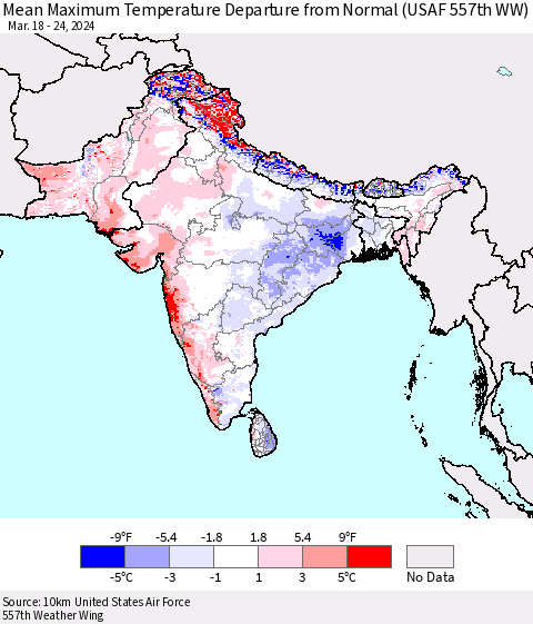 Southern Asia Mean Maximum Temperature Departure from Normal (USAF 557th WW) Thematic Map For 3/18/2024 - 3/24/2024