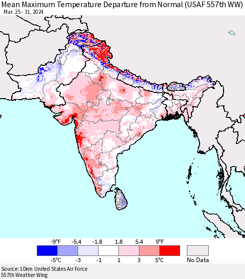 Southern Asia Mean Maximum Temperature Departure from Normal (USAF 557th WW) Thematic Map For 3/25/2024 - 3/31/2024