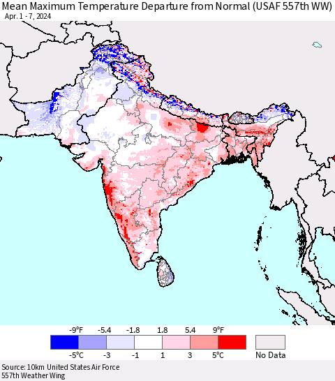 Southern Asia Mean Maximum Temperature Departure from Normal (USAF 557th WW) Thematic Map For 4/1/2024 - 4/7/2024