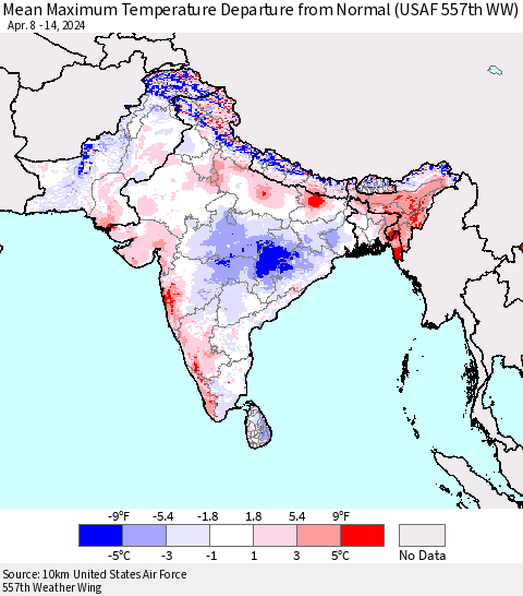 Southern Asia Mean Maximum Temperature Departure from Normal (USAF 557th WW) Thematic Map For 4/8/2024 - 4/14/2024