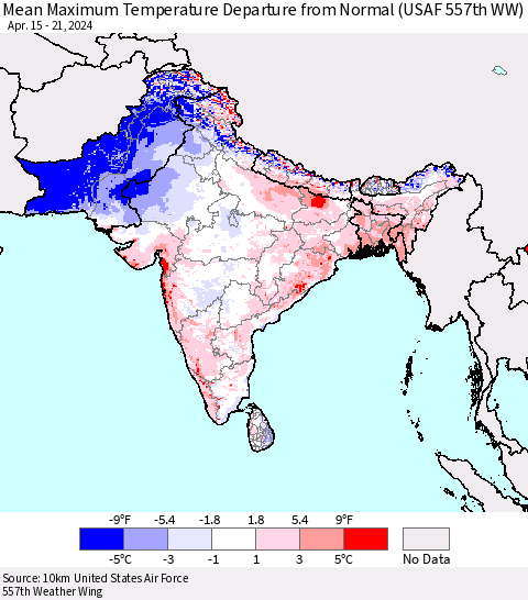 Southern Asia Mean Maximum Temperature Departure from Normal (USAF 557th WW) Thematic Map For 4/15/2024 - 4/21/2024