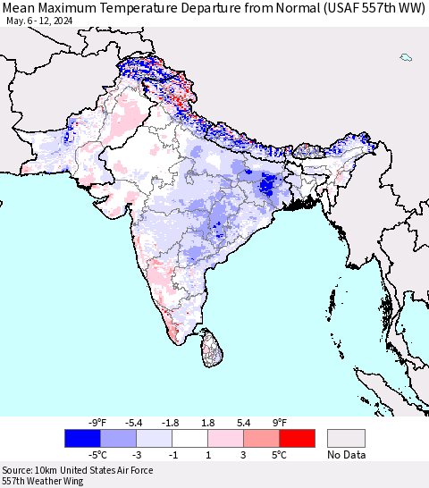 Southern Asia Mean Maximum Temperature Departure from Normal (USAF 557th WW) Thematic Map For 5/6/2024 - 5/12/2024
