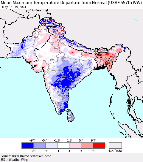 Southern Asia Mean Maximum Temperature Departure from Normal (USAF 557th WW) Thematic Map For 5/13/2024 - 5/19/2024