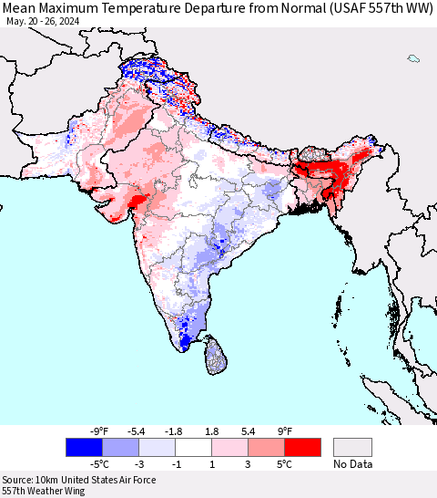 Southern Asia Mean Maximum Temperature Departure from Normal (USAF 557th WW) Thematic Map For 5/20/2024 - 5/26/2024