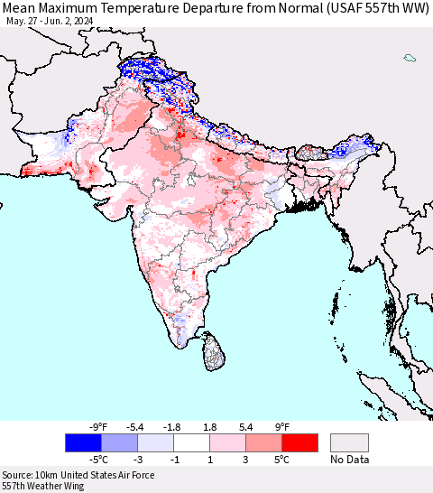 Southern Asia Mean Maximum Temperature Departure from Normal (USAF 557th WW) Thematic Map For 5/27/2024 - 6/2/2024