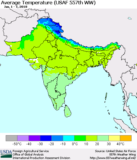 Southern Asia Average Temperature (USAF 557th WW) Thematic Map For 1/1/2018 - 1/7/2018