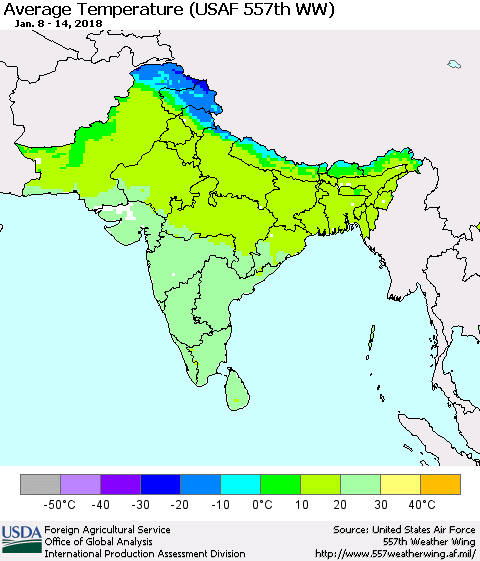 Southern Asia Average Temperature (USAF 557th WW) Thematic Map For 1/8/2018 - 1/14/2018