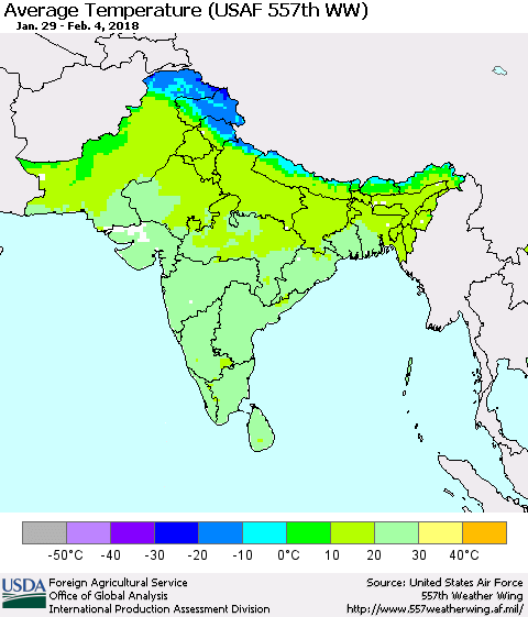 Southern Asia Average Temperature (USAF 557th WW) Thematic Map For 1/29/2018 - 2/4/2018
