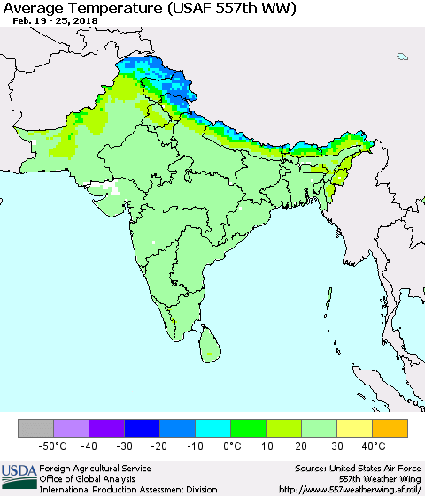 Southern Asia Average Temperature (USAF 557th WW) Thematic Map For 2/19/2018 - 2/25/2018