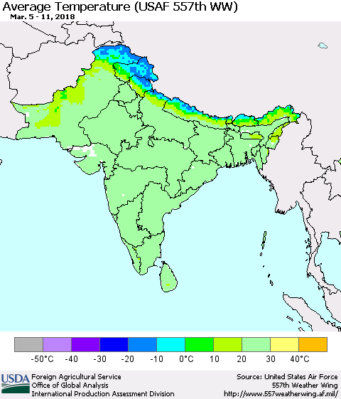 Southern Asia Average Temperature (USAF 557th WW) Thematic Map For 3/5/2018 - 3/11/2018
