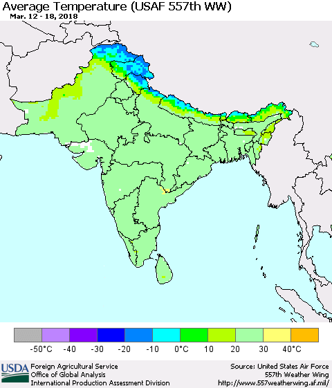 Southern Asia Average Temperature (USAF 557th WW) Thematic Map For 3/12/2018 - 3/18/2018