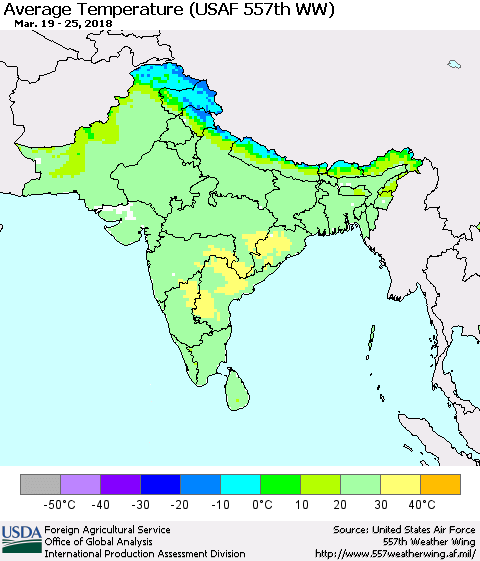 Southern Asia Average Temperature (USAF 557th WW) Thematic Map For 3/19/2018 - 3/25/2018